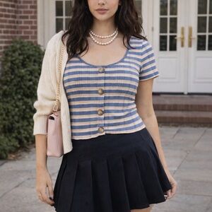 American Eagle Striped Ribbed Baby Tee Size Small Blue Soft Grunge Twee Preppy